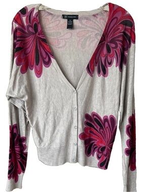 INC International Concepts Floral V-Neck Cardigan Sweater Women M Magenta Purple